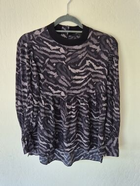 All Saints Grey and Black Zebra Print Long Sleeve Blouse